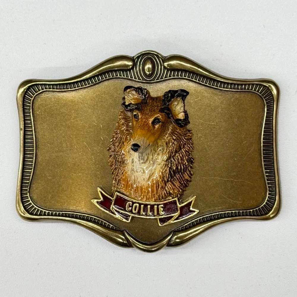 Vtg 1978 AHM Collie Dog Brass Belt Buckle Enamel 3D Relief Animal Collectible